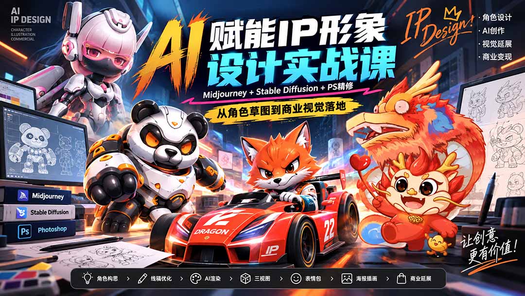AI赋能IP形象设计实战课-无水印：Midjourney+Stable Diffusion+PS精修，从角色草图到商业视觉落地-米壳知道—知识分享平台