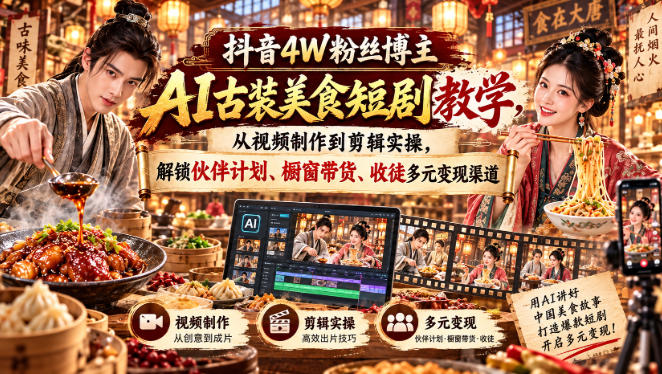 抖音4W粉丝博主AI古装美食短剧教学，从视频制作到剪辑实操，解锁伙伴计划、橱窗带货、收徒多元变现渠道-米壳知道—知识分享平台