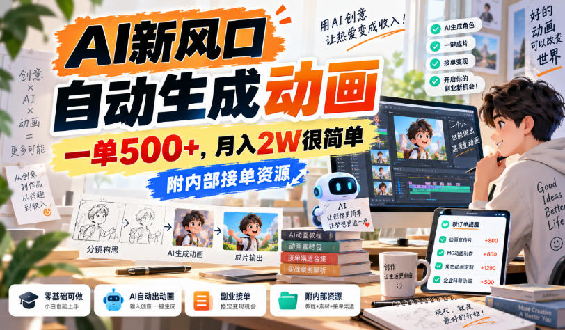 AI新风口，自动生成动画，一单500+，月入2W很简单，附内部接单资源【揭秘】-米壳知道—知识分享平台