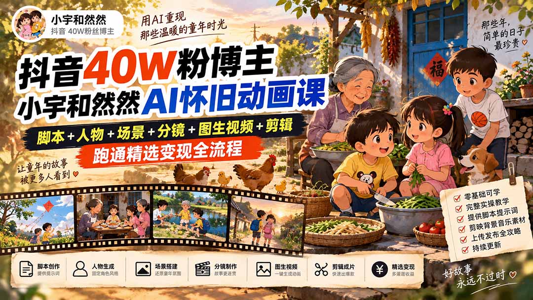 抖音40W粉博主小宇和然然AI怀旧动画课｜脚本+人物+场景+分镜+图生视频+剪辑，跑通精选变现全流程-米壳知道—知识分享平台