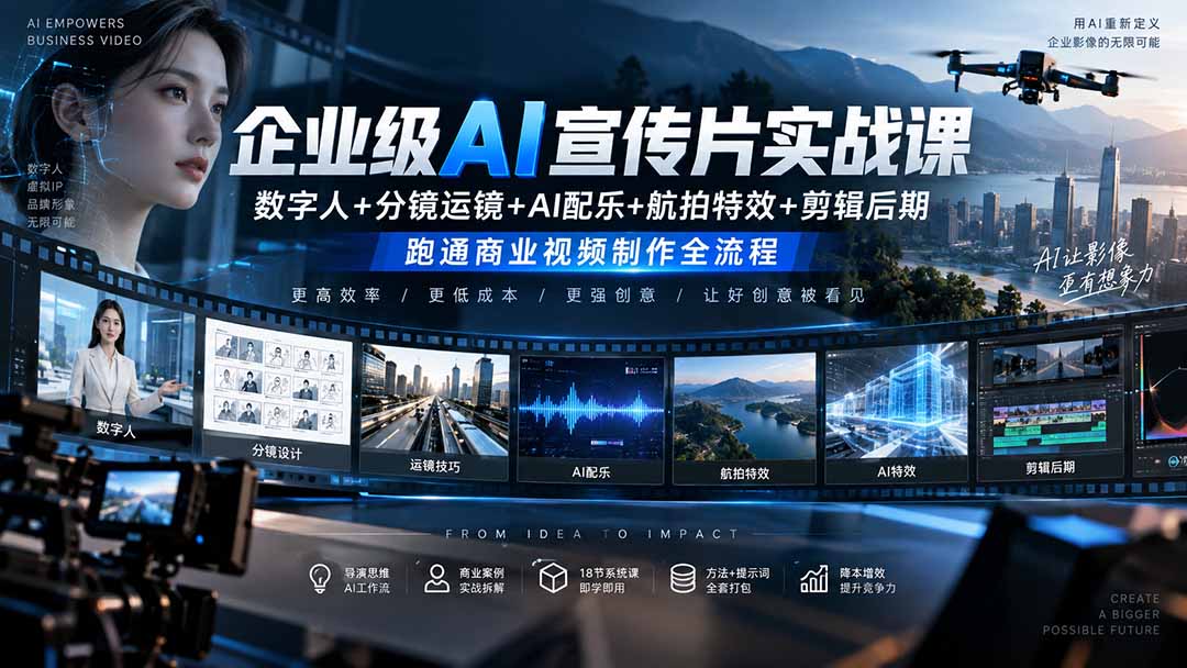 企业级AI宣传片实战课｜数字人+分镜运镜+AI配乐+航拍特效+剪辑后期，跑通商业视频制作全流程-米壳知道—知识分享平台
