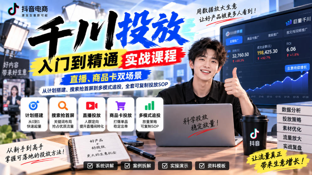 千川投放入门到精通实战课程，直播、商品卡双场景，从计划搭建、搜索抢首屏到多模式追投，全套可复制投放SOP-米壳知道—知识分享平台