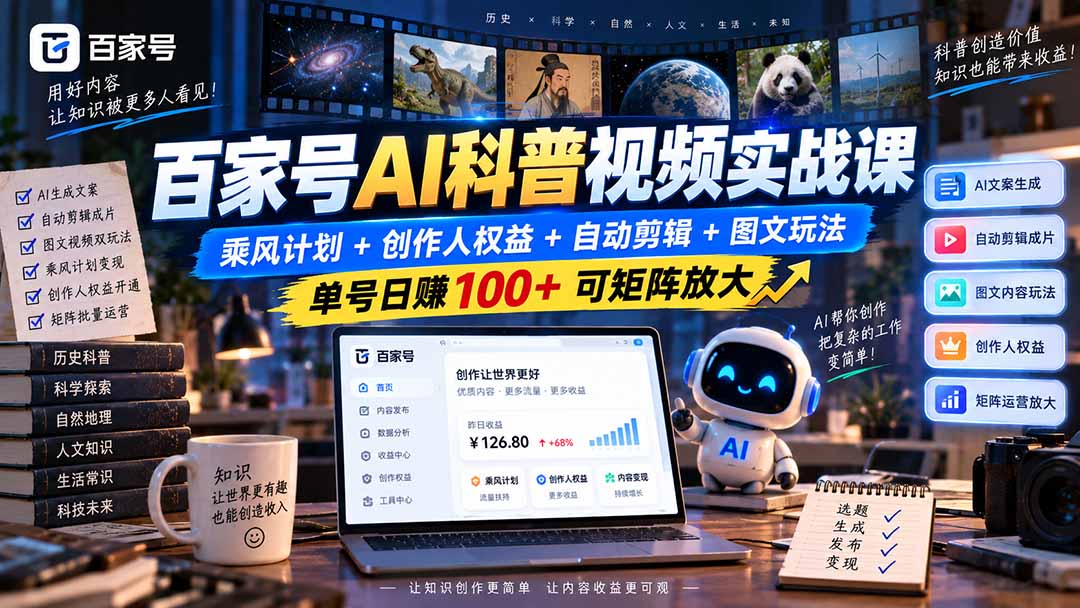 百家号AI科普视频实战课：乘风计划+创作人权益+自动剪辑+图文玩法，单号日赚100+可矩阵放大-米壳知道—知识分享平台