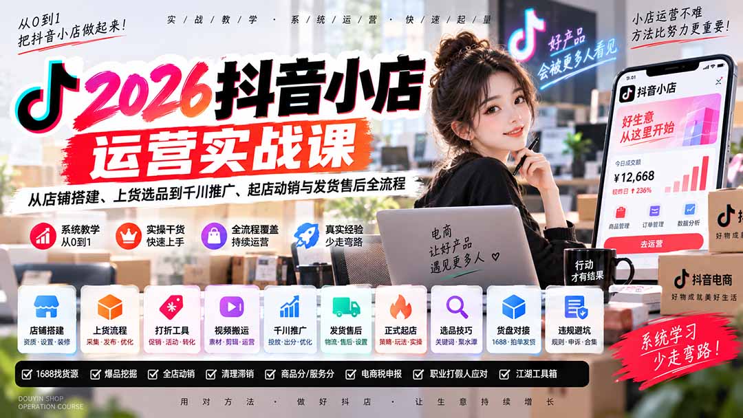 2026抖音小店运营实战课｜从店铺搭建、上货选品到千川推广、起店动销与发货售后全流程-米壳知道—知识分享平台
