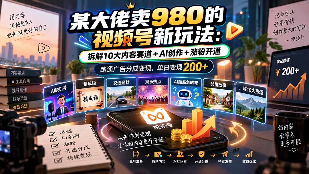 某大佬卖980的视频号新玩法：拆解10大内容赛道+AI创作+涨粉开通，跑通广告分成变现，单日变现200+-米壳知道—知识分享平台