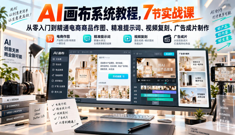 AI画布系统教程，7节实战课从零入门到精通电商商品作图、精准提示词、视频复刻、广告成片制作-米壳知道—知识分享平台