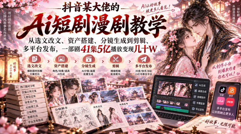 抖音某大佬的Ai短剧漫剧教学，从选文改文、资产搭建、分镜生成到剪辑、多平台发布，一部剧41集5亿播放变现几十W-米壳知道—知识分享平台