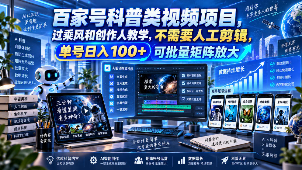 百家号科普类视频项目，过乘风和创作人教学，不需要人工剪辑，单号日入100+可批量矩阵放大-米壳知道—知识分享平台