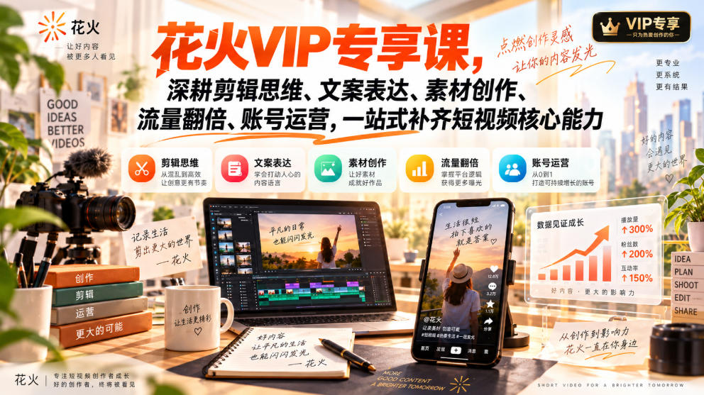 花火VIP专享课，深耕剪辑思维、文案表达、素材创作、流量翻倍、账号运营，一站式补齐短视频核心能力-米壳知道—知识分享平台