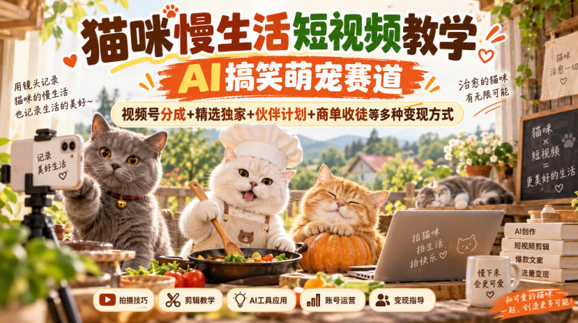 猫咪慢生活短视频教学，AI搞笑萌宠赛道，视频号分成+精选独家+伙伴计划+商单收徒等多种变现方式-米壳知道—知识分享平台