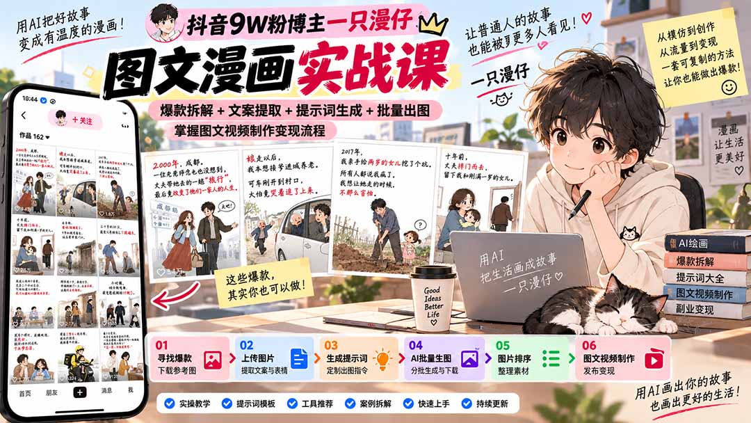 抖音9W粉博主一只漫仔图文漫画课：爆款拆解+文案提取+提示词生成+批量出图，掌握图文视频制作变现流程-米壳知道—知识分享平台