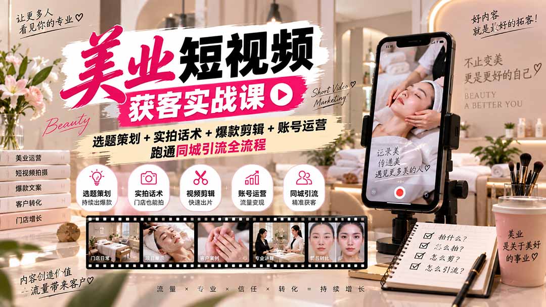 美业短视频获客实战课-无水印：选题策划+实拍话术+爆款剪辑+账号运营，跑通同城引流全流程-米壳知道—知识分享平台