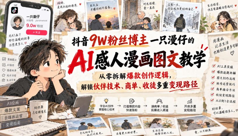 抖音9W粉丝博主一只漫仔的AI感人漫画图文教学,从零拆解爆款创作逻辑,解锁伙伴技术、商单、收徒多重变现路径-米壳知道—知识分享平台