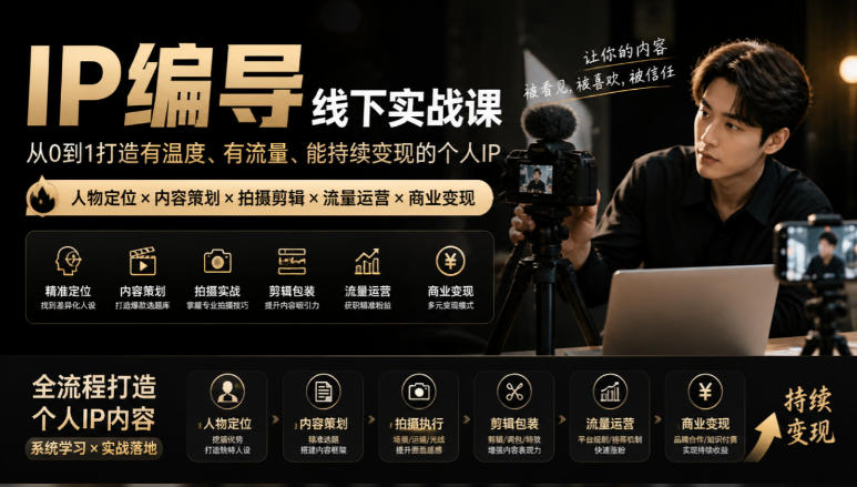 【无水印】IP编导线下实战课，从人物定位到短视频拍摄剪辑，全流程打造有温度、有流量、能持续变现的个人IP内容-米壳知道—知识分享平台