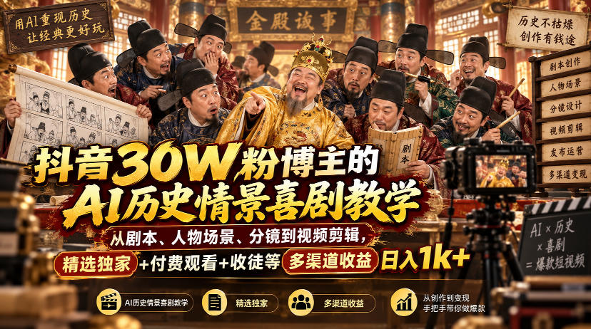 抖音30W粉博主的AI历史情景喜剧教学，从剧本、人物场景、分镜到视频剪辑，精选独家+付费观看+收徒等多渠道收益日入1k+-米壳知道—知识分享平台