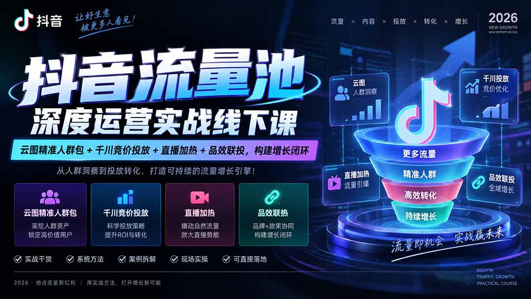 抖音流量池深度运营实战线下课｜云图精准人群包+千川竞价投放+直播加热+品效联投，构建增长闭环-米壳知道—知识分享平台