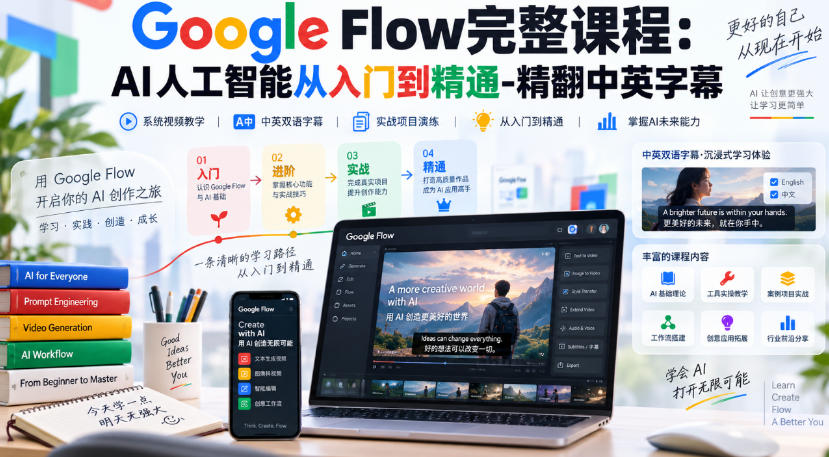 【无水印】Google Flow完整课程：AI人工智能从入门到精通-精翻中英字幕-米壳知道—知识分享平台