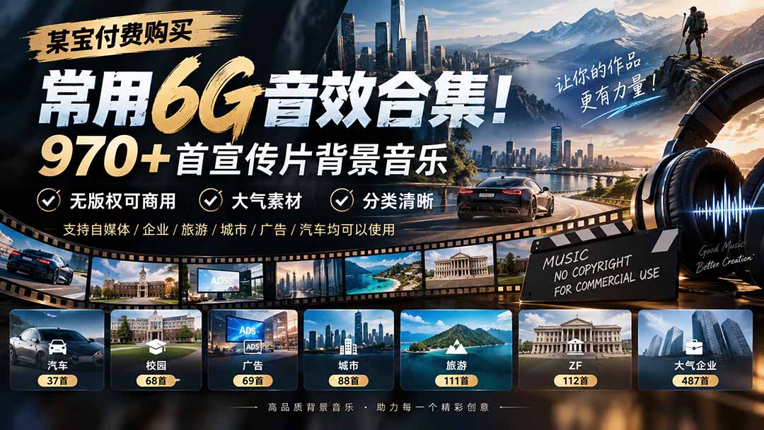某宝付费购买，常用6G音效合集！970+首宣传片背景音乐，无版权可商用大气素材，分类清晰-米壳知道—知识分享平台