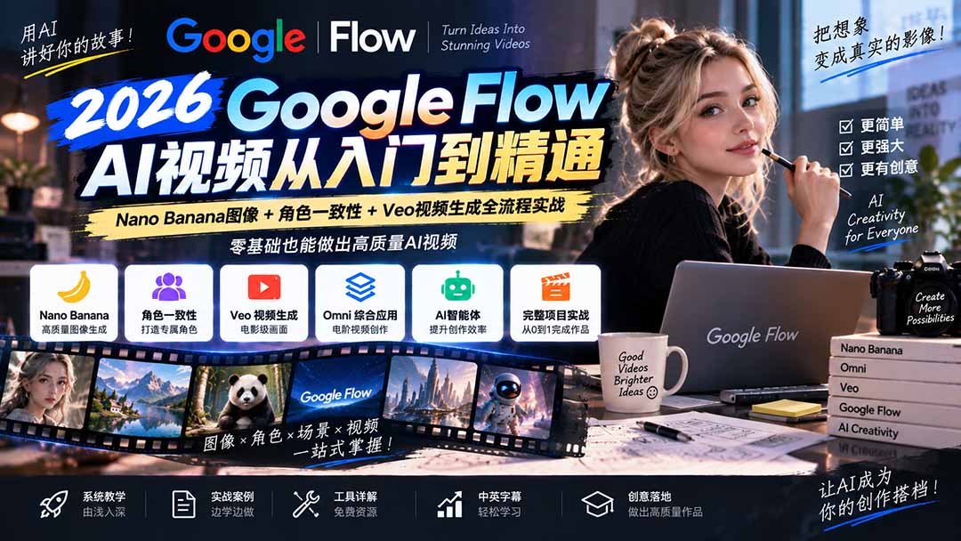 【无水印】Google Flow AI视频从入门到精通：Nano Banana图像+角色一致性+Veo视频生成全流程实战-精翻中英字幕-米壳知道—知识分享平台