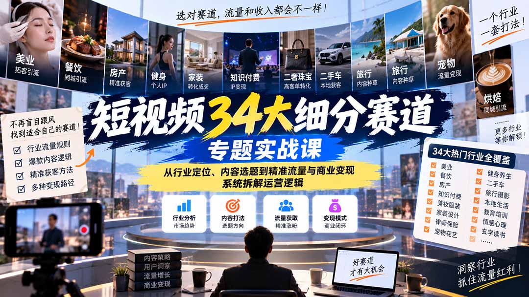 短视频34大细分赛道专题实战课：从行业定位、内容选题到精准流量与商业变现，系统拆解运营逻辑-米壳知道—知识分享平台