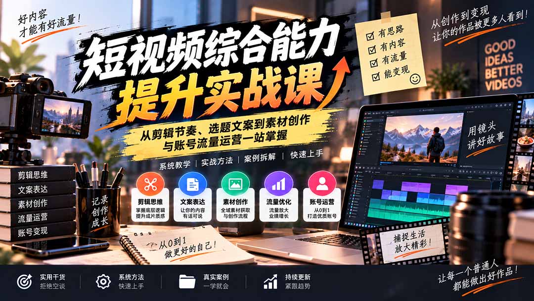 短视频综合能力提升实战课：从剪辑节奏、选题文案到素材创作与账号流量运营一站掌握-米壳知道—知识分享平台