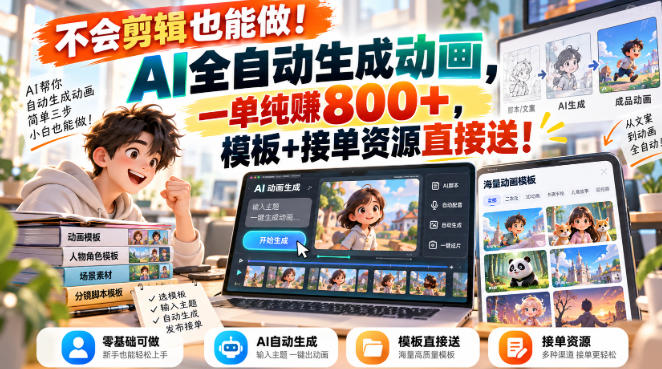 不会剪辑也能做！AI全自动生成动画，一单纯賺800+，模板+接单资源直接送！【揭秘】-米壳知道—知识分享平台