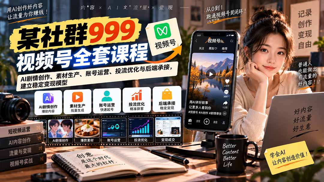 【无水印】某社群999视频号全套课程：AI剧情创作、素材生产、账号运营、投流优化与后端承接，建立稳定变现模型-米壳知道—知识分享平台