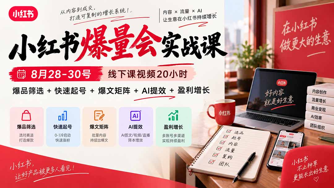 小红书爆量会实战课-更新9月23：线下课视频20小时，爆品筛选+快速起号+爆文矩阵+AI提效+盈利增长-米壳知道—知识分享平台