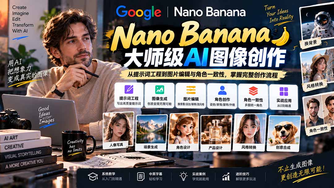 【无水印】Nano Banana大师级AI图像实战课：从提示词工程到图片编辑与角色一致性，掌握完整创作流程-米壳知道—知识分享平台