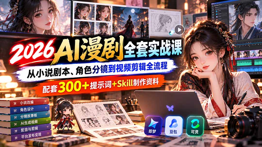 【无水印】2026AI漫剧全套实战课：从小说剧本、角色分镜到视频剪辑全流程，配套300+提示词+Skill制作资料-米壳知道—知识分享平台