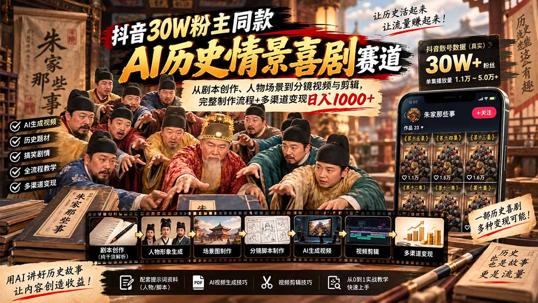 抖音30W粉博主同款AI历史情景喜剧赛道：从剧本创作、人物场景到分镜视频与剪辑，完整制作流程+多渠道变现日入1000+-米壳知道—知识分享平台