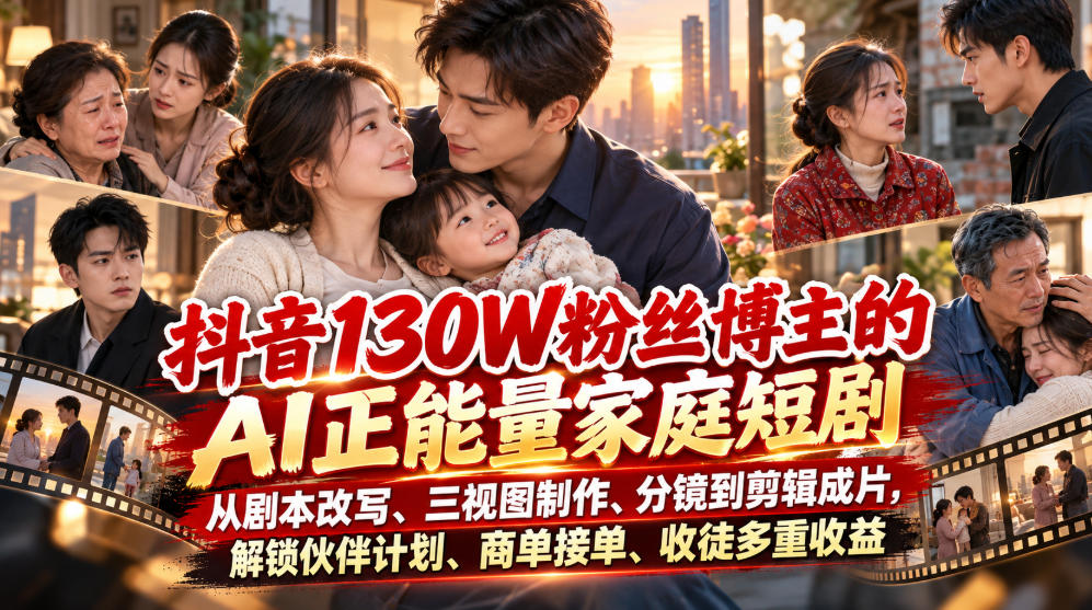 抖音130W粉丝博主的AI正能量家庭短剧，从剧本改写、三视图制作、分镜到剪辑成片，解锁伙伴计划、商单接单、收徒多重收益-米壳知道—知识分享平台
