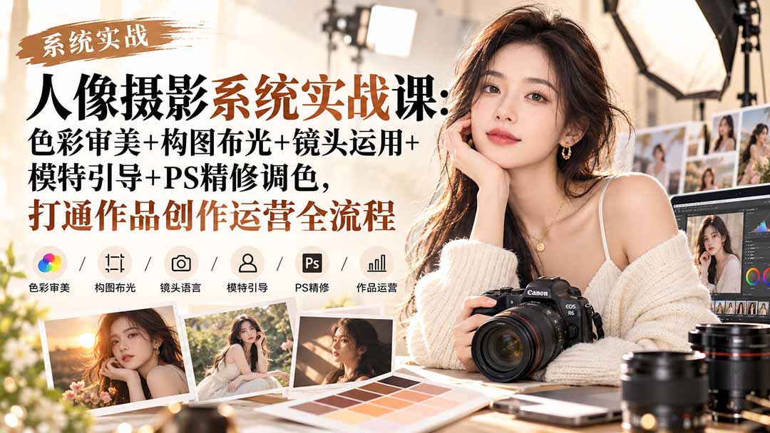 【无水印】人像摄影系统实战课：色彩审美+构图布光+镜头运用+模特引导+PS精修调色，打通作品创作运营全流程-米壳知道—知识分享平台