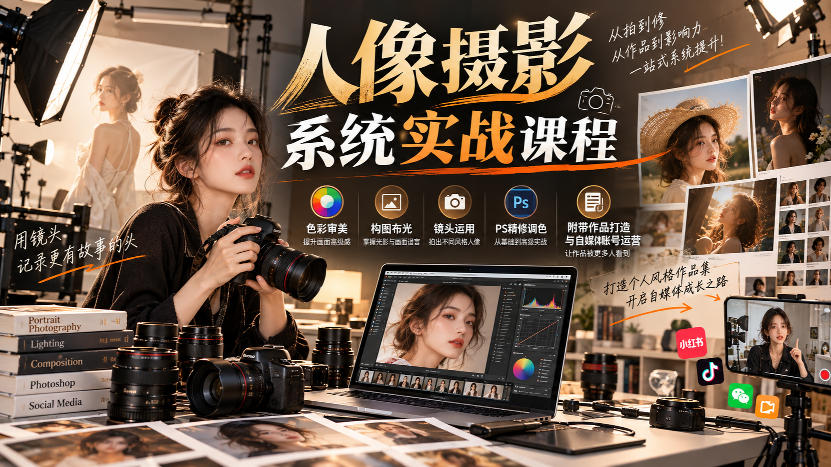 【无水印】人像摄影系统实战课程，色彩审美、构图布光、镜头运用、PS精修调色，附带作品打造与自媒体账号运营-米壳知道—知识分享平台