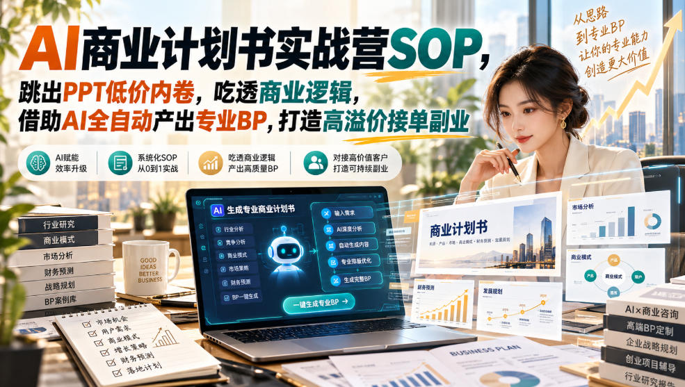 AI商业计划书实战营SOP，跳出PPT低价内卷，吃透商业逻辑，借助AI全自动产出专业BP，打造高溢价接单副业-米壳知道—知识分享平台