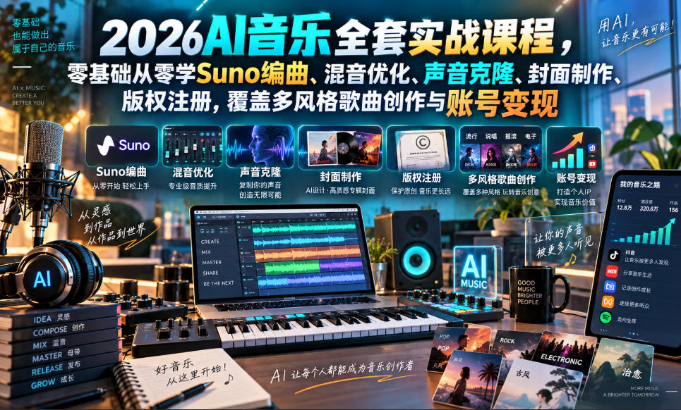 2026AI音乐实战课程，零基础从零学Suno编曲、混音优化、声音克隆、版权注册，覆盖多风格歌曲创作与账号变现(更新0924)-米壳知道—知识分享平台