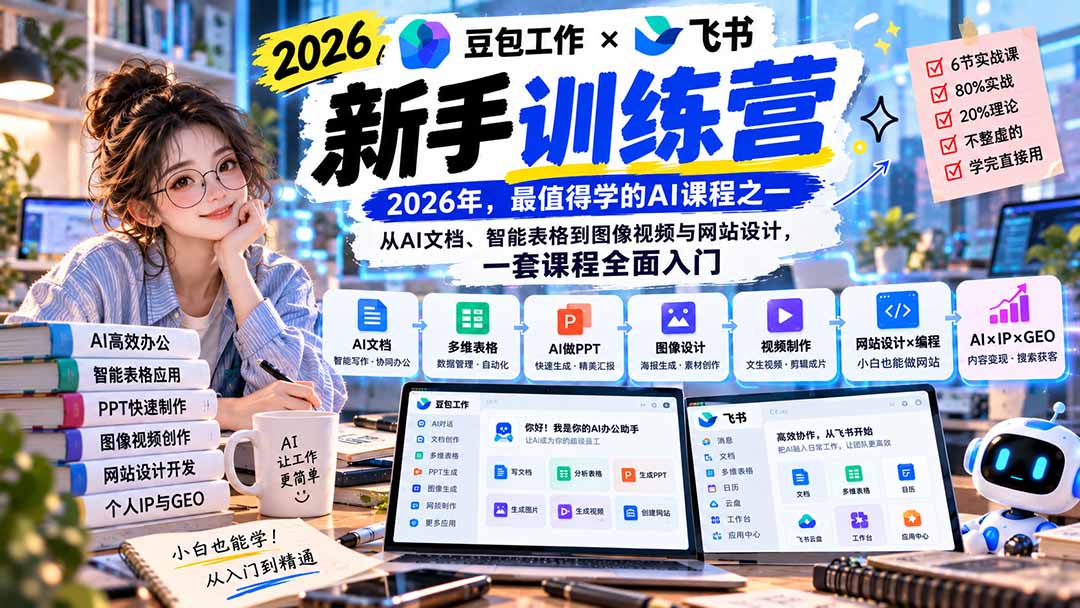 2026豆包工作+飞书新手训练营-9月新课：从AI文档、智能表格到图像视频与网站设计，一套课程全面入门-米壳知道—知识分享平台