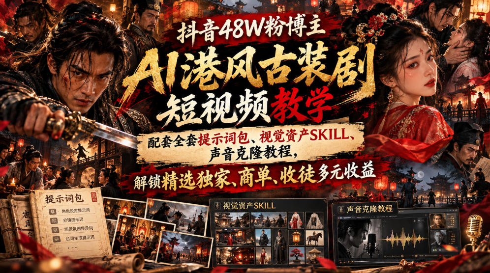 抖音48W粉博主AI港风古装剧短视频教学,配套全套提示词包、视觉资产SKILL、声音克隆教程,解锁精选独家、商单、收徒多元收益-米壳知道—知识分享平台