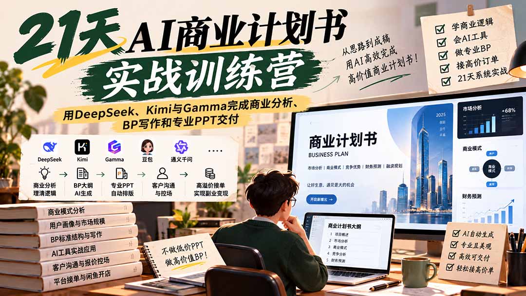 【无水印】21天AI商业计划书实战训练营：用DeepSeek、Kimi与Gamma完成商业分析、BP写作和专业PPT交付-米壳知道—知识分享平台