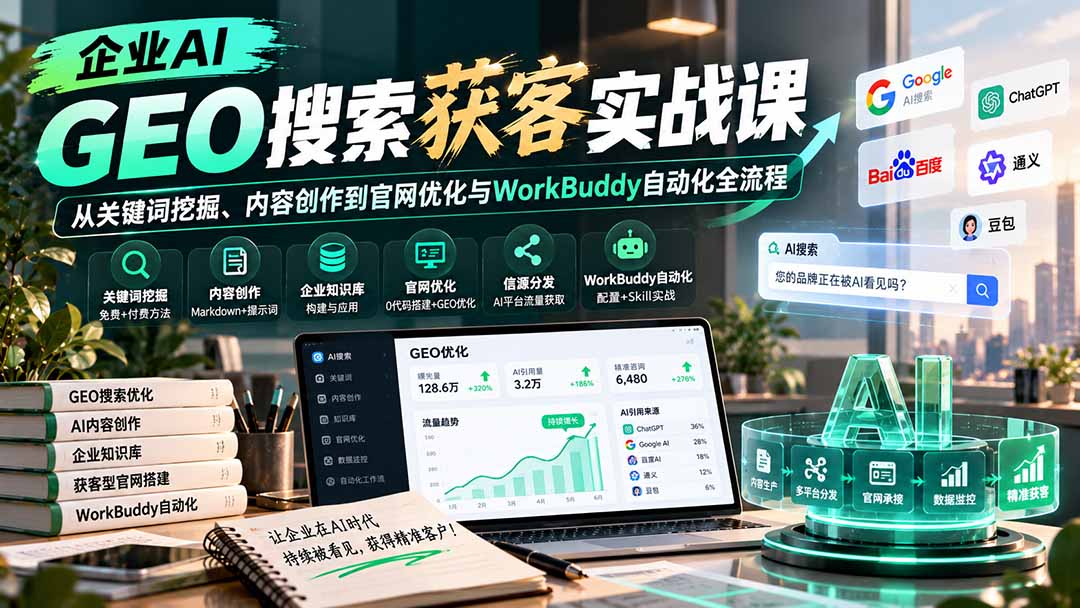 企业AI GEO搜索获客实战课：从关键词挖掘、内容创作到官网优化与WorkBuddy自动化全流程-米壳知道—知识分享平台