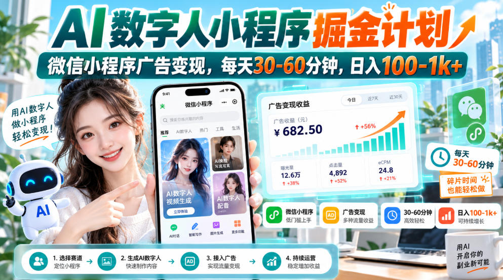 【无水印】AI数字人小程序掘金计划,微信小程序广告变现,每天30‑60分钟,日入100‑1k+-米壳知道—知识分享平台