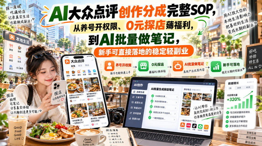 【无水印】AI大众点评创作分成完整SOP，从养号开权限、0元探店薅福利，到AI批量做笔记，新手可直接落地的稳定轻副业-米壳知道—知识分享平台