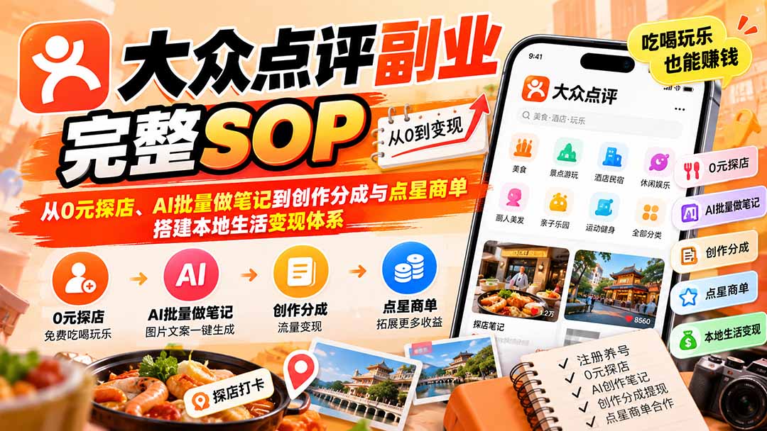 【无水印】大众点评副业完整SOP：从0元探店、AI批量做笔记到创作分成与点星商单，搭建本地生活变现体系-米壳知道—知识分享平台