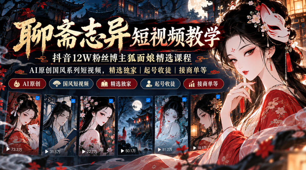 聊斋志异短视频教学，抖音12W粉丝博主狐面娘精选课程，AI原创国风系列短视频，精选独家丨起号收徒丨接商单等-米壳知道—知识分享平台