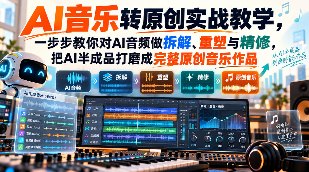 AI音乐转原创实战教学,一步步教你对AI音频做拆解、重塑与精修,把AI半成品打磨成完整原创音乐作品-米壳知道—知识分享平台