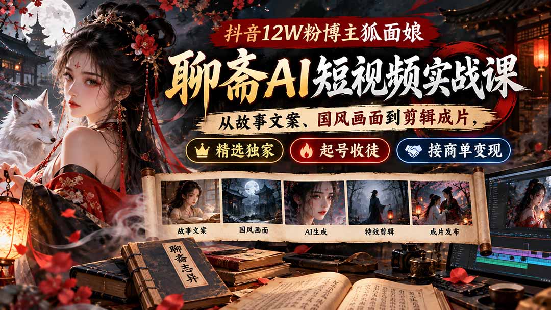 抖音12W粉博主狐面娘-聊斋AI短视频实战课:从故事文案、国风画面到剪辑成片,精选独家+起号收徒+接商单变现-米壳知道—知识分享平台