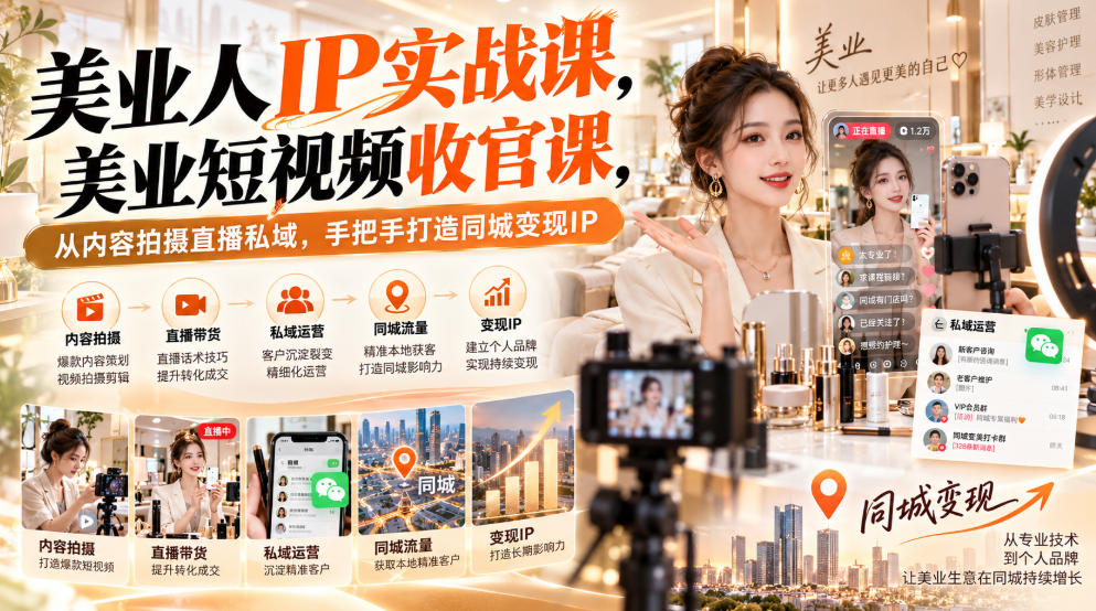 【无水印】美业人IP实战课，美业短视频收官课，从内容拍摄直播私域，手把手打造同城变现IP-米壳知道—知识分享平台