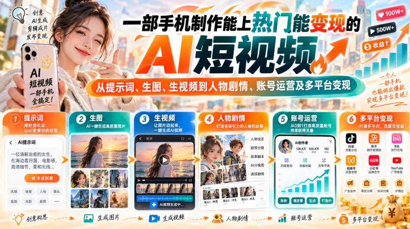【无水印】一部手机制作能上热门能变现的AI短视频，从提示词、生图、生视频到人物剧情、账号运营及多平台变现-米壳知道—知识分享平台
