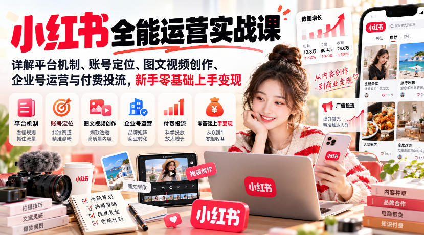 小红书全能运营实战课，详解平台机制、账号定位、图文视频创作、企业号运营与付费投流，新手零基础上手变现-米壳知道—知识分享平台