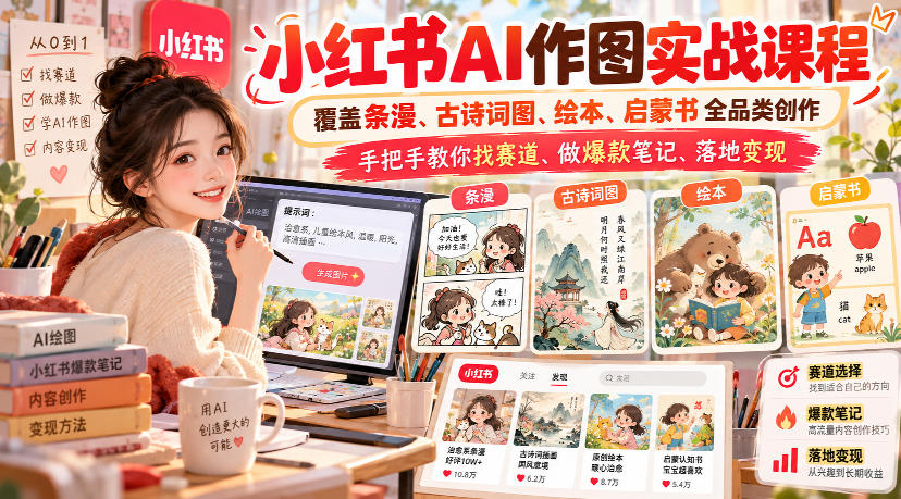 小红书AI作图实战课程，覆盖条漫、古诗词图、绘本、启蒙书全品类创作，手把手教你找赛道、做爆款笔记、落地变现-米壳知道—知识分享平台